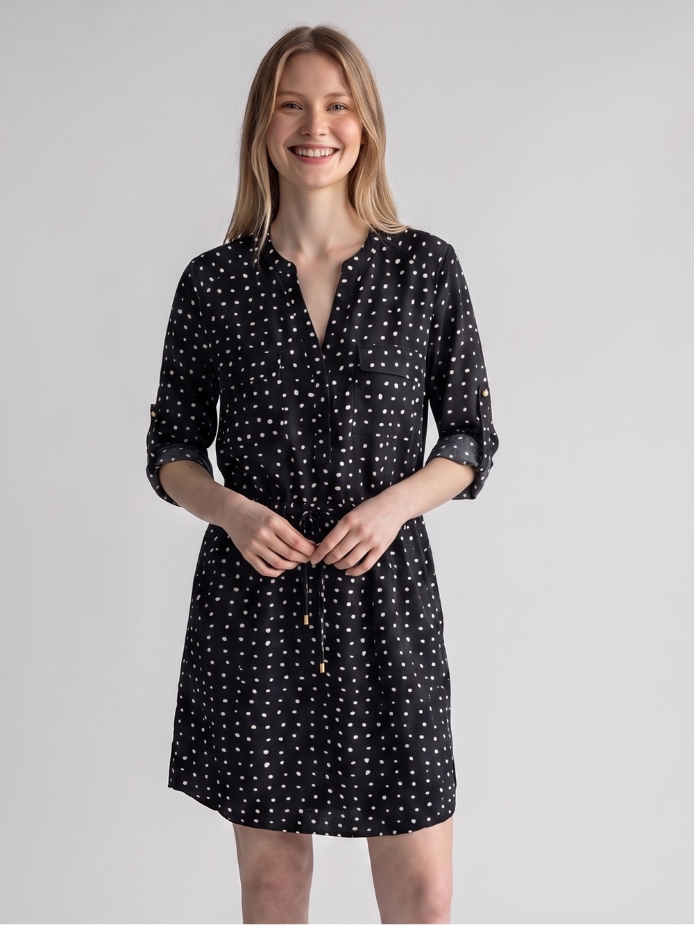 Mossimo Black White Spotted Drawstring Waist Shirt Dress